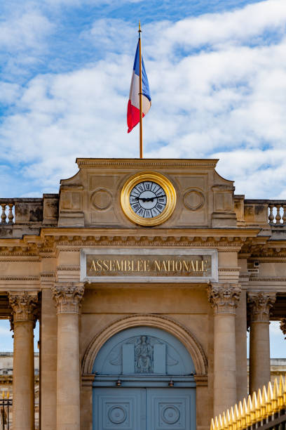 French National Assembly Paris: View of French National Assembly ( Palais Bourbon ) backside view from Place du Palais Bourbon. french flag stock pictures, royalty-free photos & images