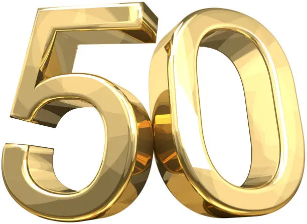 50 golden number isolated 3d rendering