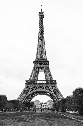 Portrait black and white photo of the Eiffel Tower in Paris.