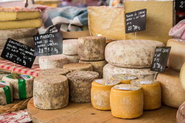 varietà di formaggi francesi in vendita in un mercato in provenza - cheese wine food parmesan cheese foto e immagini stock