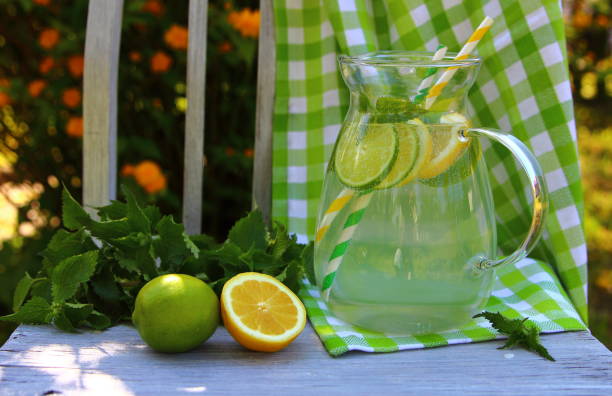 lime and lemon lemonade - retro revival lemonade stand old fashioned lemonade imagens e fotografias de stock