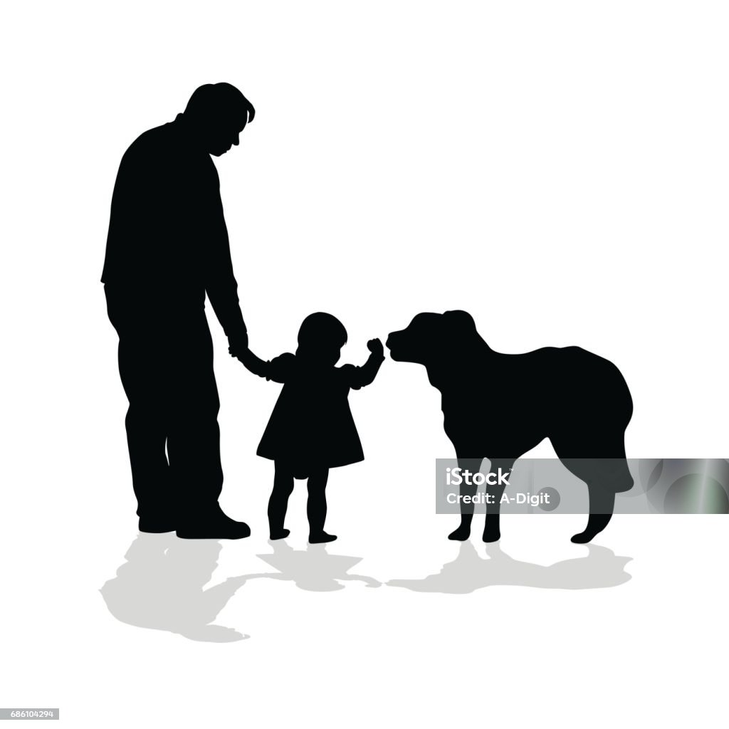 Canine Learning Family Silhouette illustration of a toddler and her dad letting her pet a dog as big as herself Dog stock vector