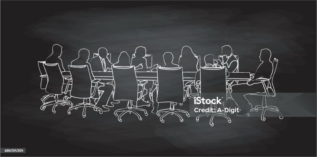 Corporation Discussions Chalkbaord illustration of a group of business people during a boardroom meeting Governing Board stock vector