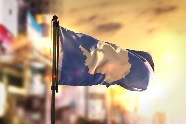 istock Antarctica Flag Against City Blurred Background At Sunrise Backlight 686124290