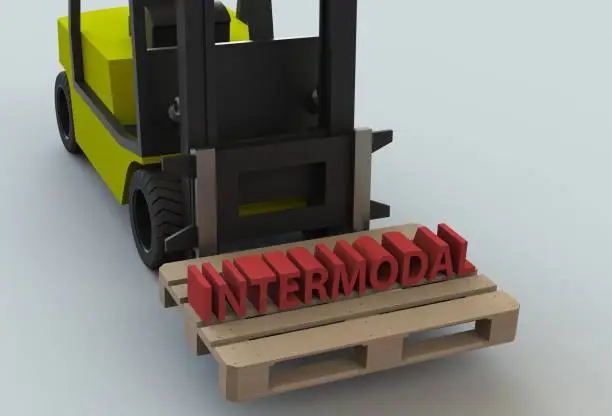 INTERMODAL, message on wooden pillet with forklift truck, 3D rendering