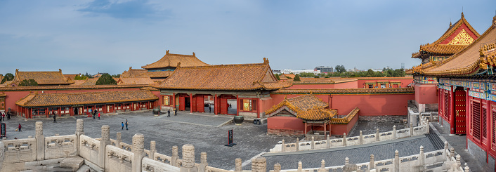 Beijing, China - Oct 30, 2016: Panorama of side gate house leading to a vast courtyard, near the Gate of Heavenly Purity, or Celestial Purity (Qianqingmen). Forbidden City (Gu Gong, Palace Museum).