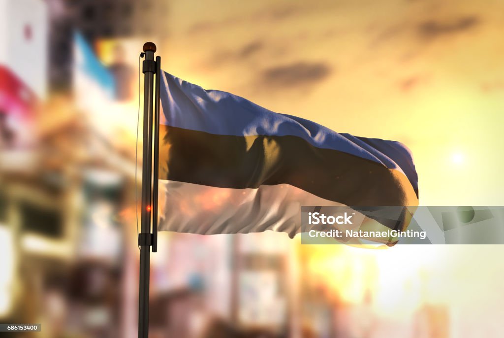 Estonia Flag Against City Blurred Background At Sunrise Backlight Estonia Stock Photo