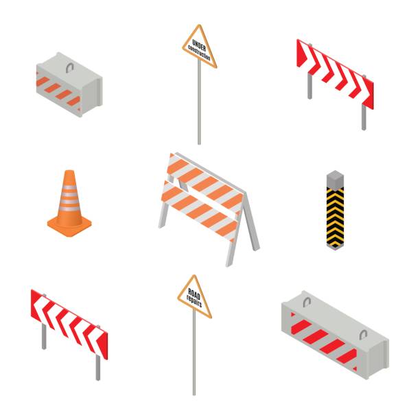 Set of road signs repairs in isometric, vector illustration. Set of road signs repairs isolated on white background. Isometric style, vector illustration. barricade stock illustrations