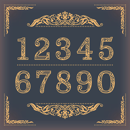 Vintage stylized numbers with floral elements. Vector illustration.