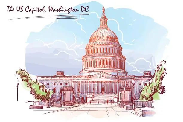 Vector illustration of Panorama of the US Capitol. Sketch isolated on white background. EPS10 vector illustration.