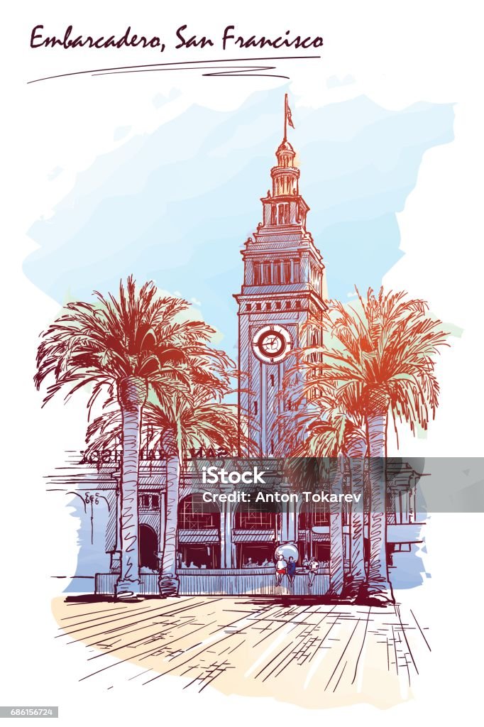 Panorama of the Embarcadero.Watercolor painted Sketch. EPS10 vector illustration. Panorama of the Embarcadero Ferry building in San Francisco and palm tree alley. Cityscape, urban hand drawing. Painted Sketch. Watercolor feel. Editable EPS10 vector illustration. Cityscape stock vector