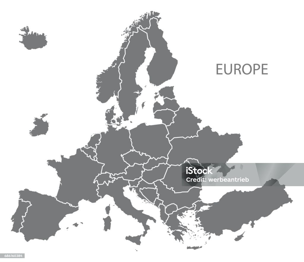 NOUVELLE carte de l’Europe après la sortie de la Grande-Bretagne avec tous les pays en gris - clipart vectoriel de Carte libre de droits