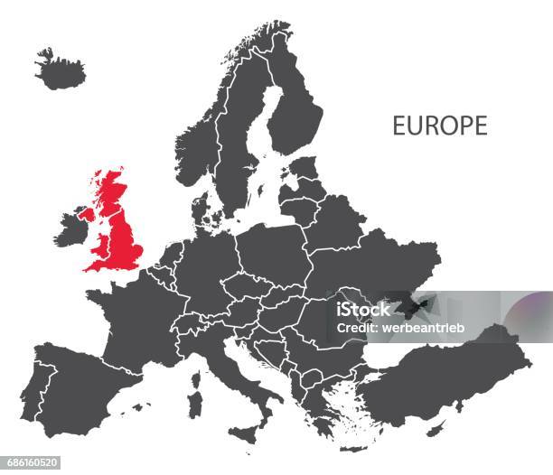 Europa Mit Ländern Karte Dunkelgrau Einschließlich Hervorgehobenen Großbritannien In Rot Stock Vektor Art und mehr Bilder von Europa - Kontinent