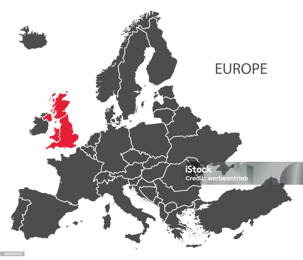 Europa com cinza escuro de mapa de países incluindo a Grã-Bretanha realçada em vermelho - Vetor de Europa - Locais geográficos royalty-free