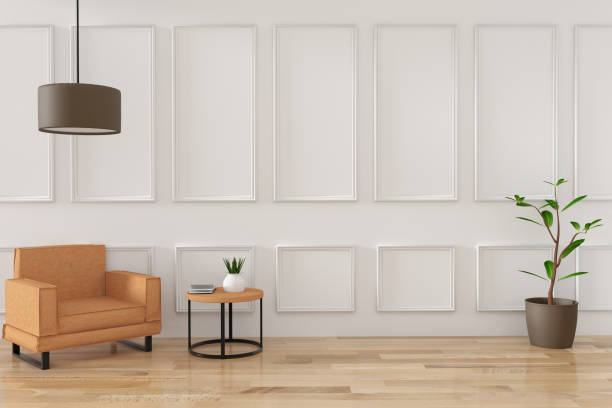 istock living room with single sofa in the white room design in 3D rendering 686171624