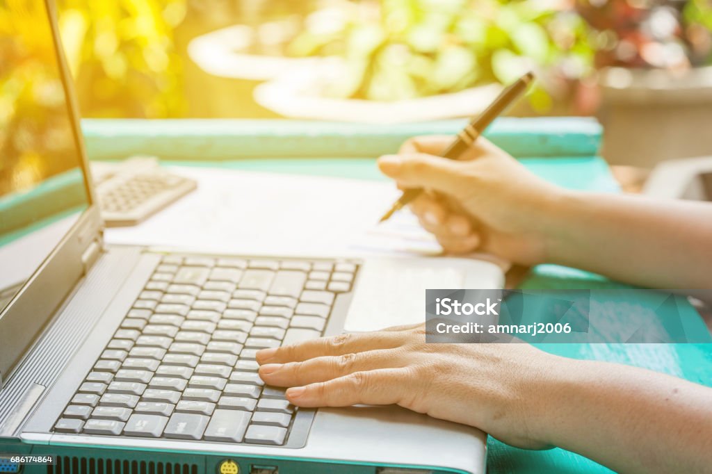 Typing Notes Pics Hand Typing On Book Note Stock Photo - Download Image Now - Book ...