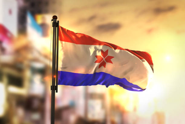 istock Mordovia Flag Against City Blurred Background At Sunrise Backlight 686176190