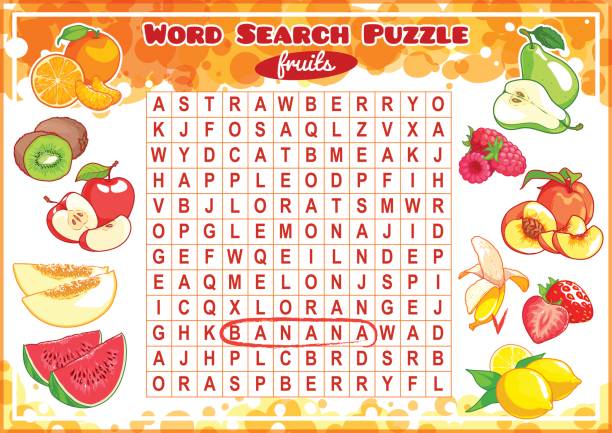Educational game for kids. Word search puzzle. Educational game for kids, word search. Word search puzzle with fruits and berries. Worksheet for class or at home with the kids. A4 size. Horizontal orientation. word game stock illustrations