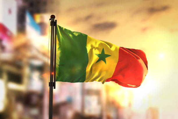都市に対してセネガル フラグ日の出バックライトで背景がぼやけてください。 - flag of senegal ストックフォトと画像