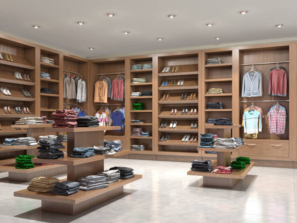 istock shop with wooden shelves and clothes, 3d illustration 686184348