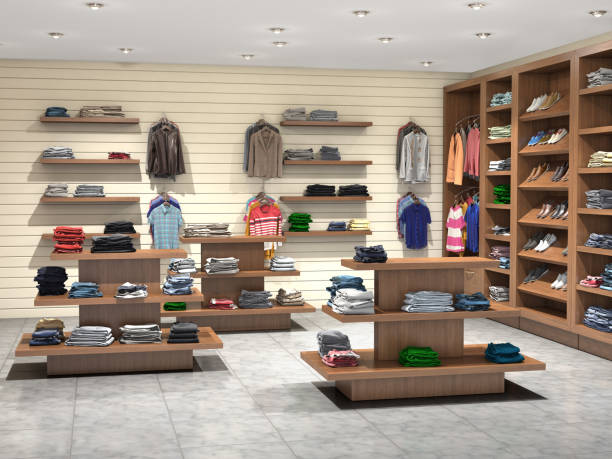 istock shop with wooden shelves and clothes, 3d illustration 686184352