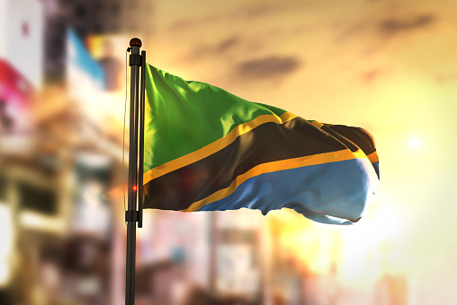 Tanzania Flag Against City Blurred Background At Sunrise Backlight
