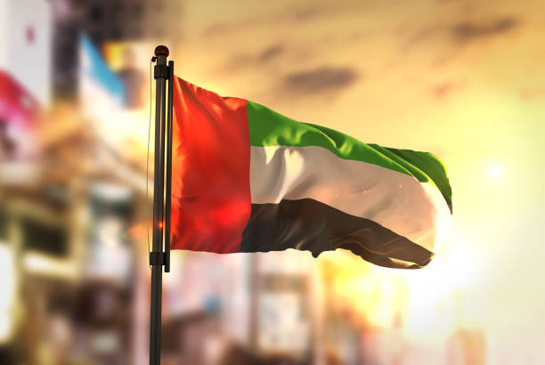flaga zjednoczonych emiratów arabskich na tle miasta rozmyte tło na sunrise backlight - flag of the united arab emirates zdjęcia i obrazy z banku zdjęć