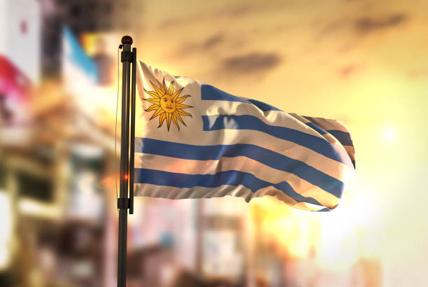 istock Uruguay Flag Against City Blurred Background At Sunrise Backlight 686185320
