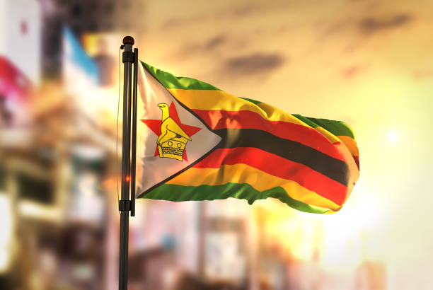 Bandera de Zimbabue contra ciudad borrosa de fondo en contraluz amanecer - foto de stock