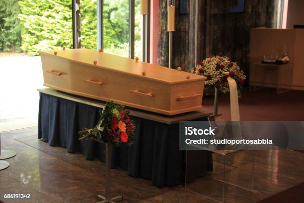 Wooden Casket With Funeral Flowers Stock Photo - Download Image Now - Funeral, Coffin, Cremation