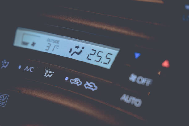 istock Air conditioner display in car shows temperature at twenty five point five degree celsius 686192116