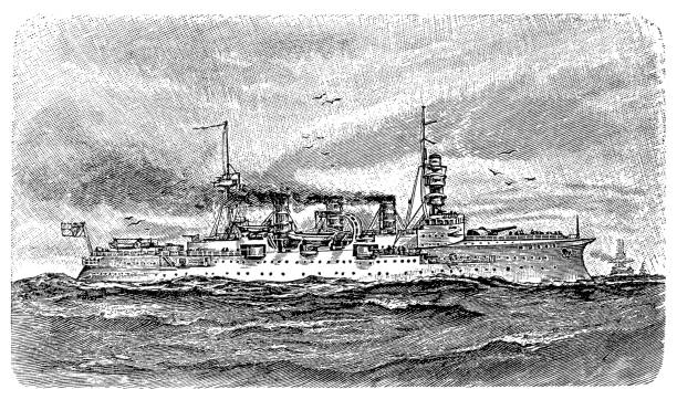 ilustrações, clipart, desenhos animados e ícones de cruzador protegido moderno - etching sailing ship passenger ship sea