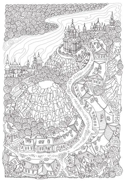 Vector illustration of Vector humorous black and white outline contoured fantasy landscape, trees, fairy small town buildings, street, church and garden on a white background. T shirt print. Adults and children Coloring Book page