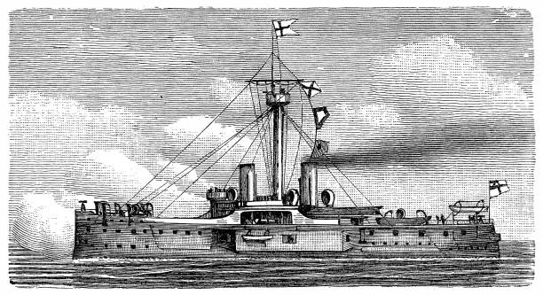 ilustraciones, imágenes clip art, dibujos animados e iconos de stock de casemata nave con entradas - etching sailing ship passenger ship sea