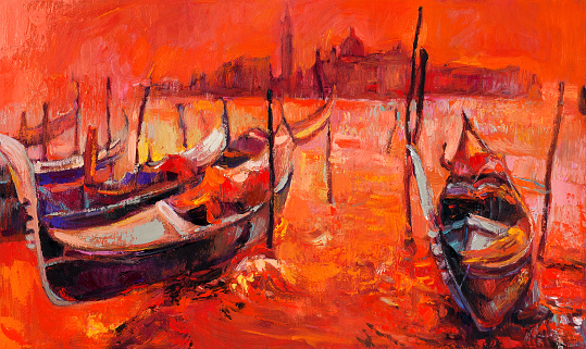 Original oil painting of beautiful Venice, Italy at sunset  on canvas.Modern Impressionism