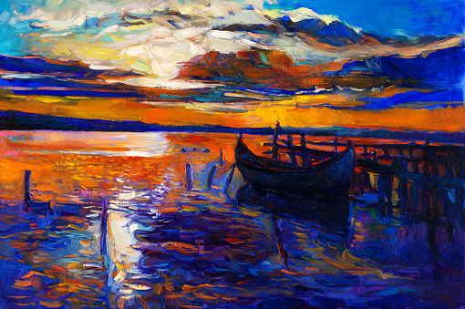 Original oil painting of boats and jetty(pier) on canvas.Sunset over ocean.Modern Impressionism