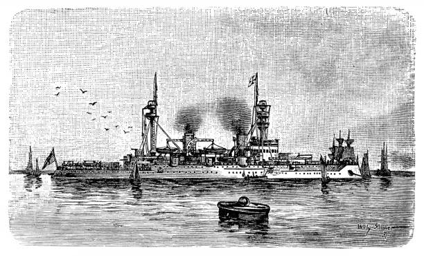 ilustrações de stock, clip art, desenhos animados e ícones de modern battleship mixed system - etching sailing ship passenger ship sea