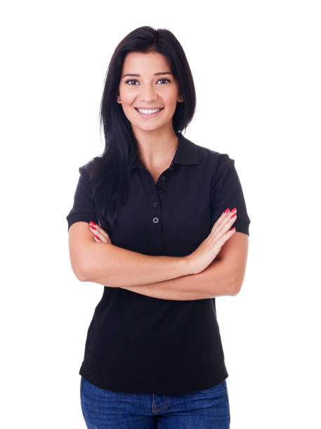 Happy woman with crossed arms Happy woman with crossed arms on a white background polo shirt stock pictures, royalty-free photos & images