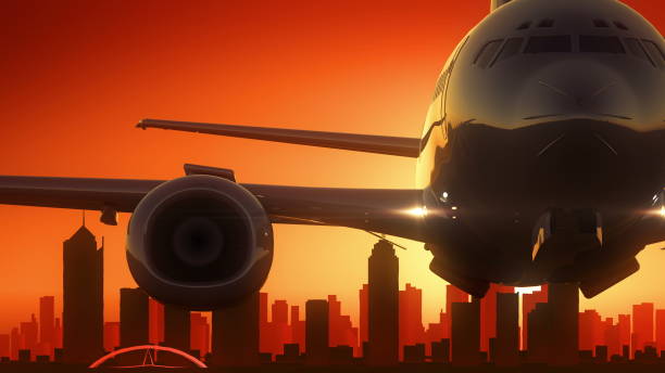 istock Melbourne Australian Airplane Take Off Skyline Golden Background 686199308