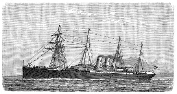 ilustrações, clipart, desenhos animados e ícones de vapor rápido - etching sailing ship passenger ship sea