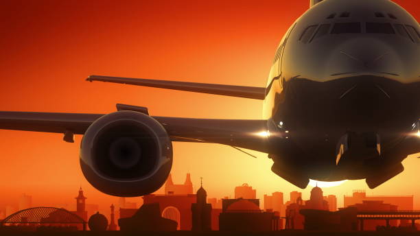 istock Novosibirsk Russia Airplane Take Off Skyline Golden Background 686202002