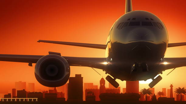 Port Elizabeth South Africa Airplane Take Off Skyline Golden Background Very useful for travel backgrounds and commercial films airport sunrise stock illustrations