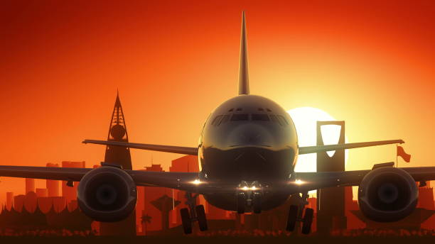 эр-рияд самолет снять skyline золотой фон - saudi arabia stock illustrations