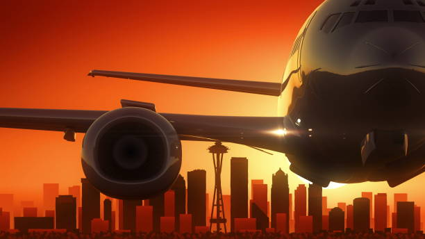 シアトルワシントンアメリカ合衆国スカイラインサンライズ離陸 - airport airplane landing red ストックフォトと画像