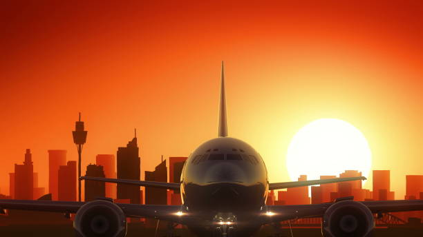 Sydney Australia New South Wales Airplane Take Off Skyline Golden Background Very useful for travel backgrounds and commercial films airport sunrise stock illustrations