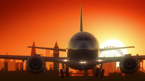 ロンドン イングランド イギリス飛行機離陸ゴールデン - silhouette sunrise non urban scene england ストックフォトと画像