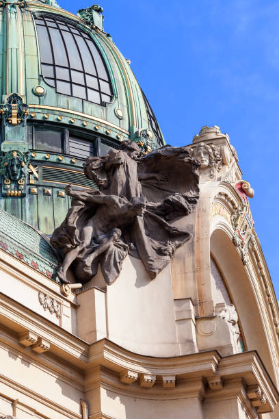 Prague, Czech Republic - April 30, 2017 :Municipal House, sculpture, facade.  It is one of the most famous Art Nouveau buildings in Prague, listed on the list of National Cultural Monuments of the Czech Republic