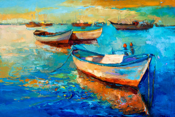 Boats Original oil painting of boats and jetty(pier) on canvas.Sunset over ocean.Modern Impressionism impressionism stock illustrations