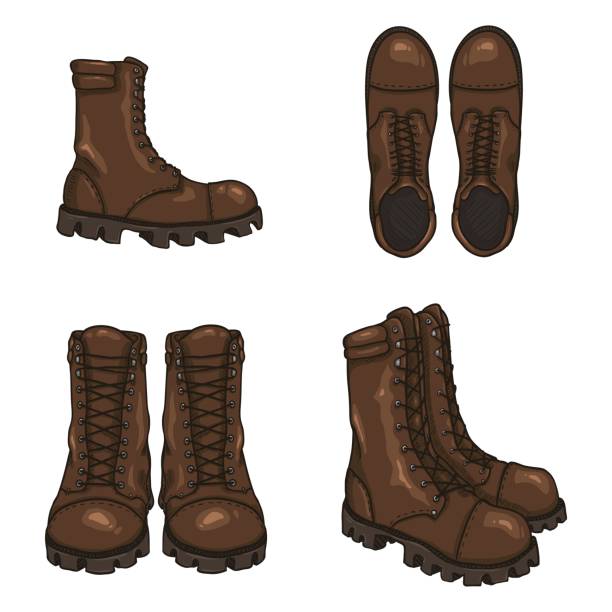 Set of Vector Cartoon Army Boots. High Military Shoes. Set of Vector Cartoon Brown Army Boots. High Military Shoes. Variations of Views. boot stock illustrations