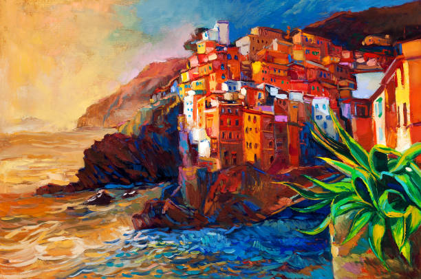 Village and ocean Original abstract oil painting of a village on The Cinque Terre coast on the Italian Riviera.Modern Impressionism spezia stock illustrations